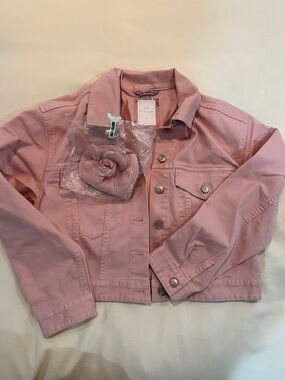 Gap x LoveShackFancy Pink Denim Jacket with Fabric Flower Brooch